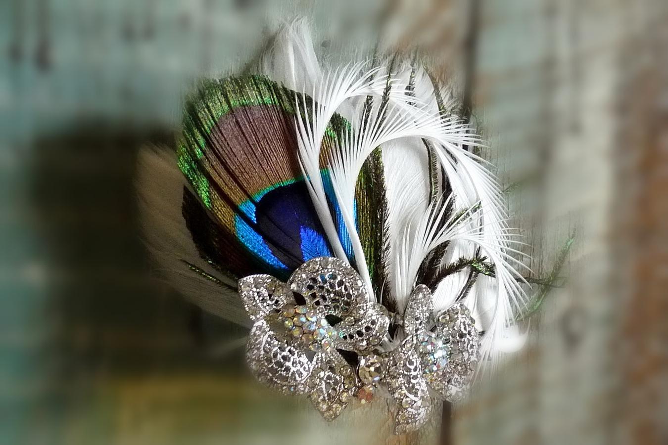 Bridal Hair Fascinator with Diamond White Feathers and Single Natural