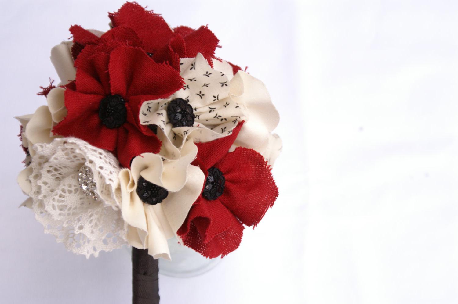 Fabric bridal bouquet, Red weddings, Rustic, Bride bouquet, Fabric flower