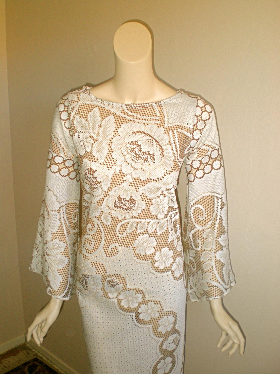 SALE Crochet Scallop Vintage LACE Cutout Wedding MAXI Dress AnGeL Sleeve xs