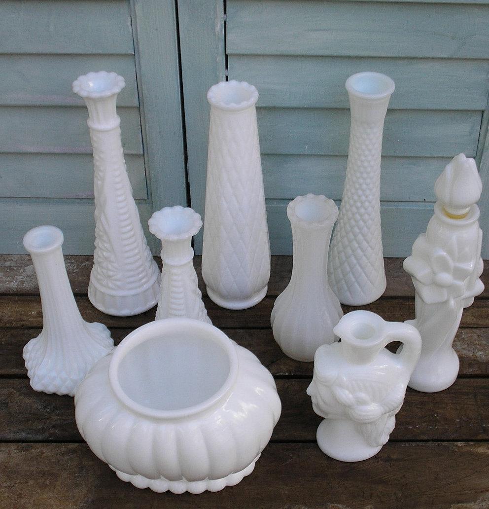 Milk Glass Vase Set - 9 All Different - Wedding, Bridal Shower,