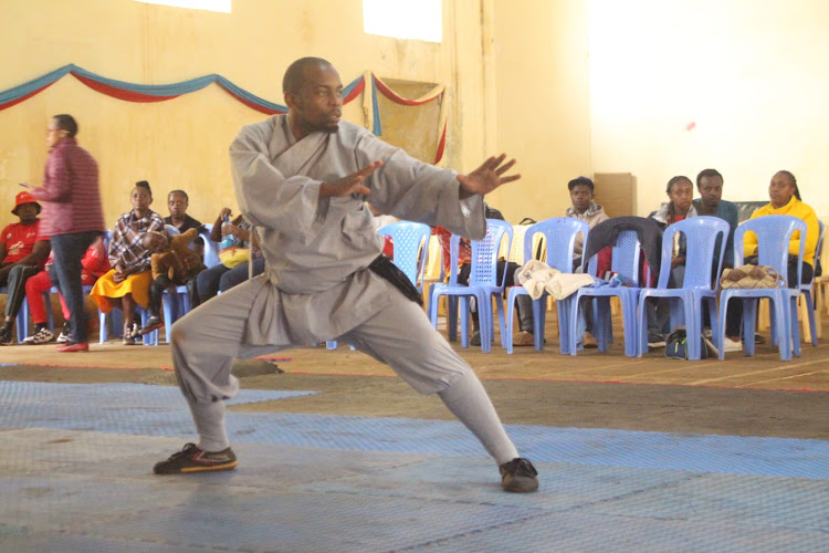 Evans Munzaa in action during the Kenya Wushu championships at Kiambu Community hall on April 21, 2024