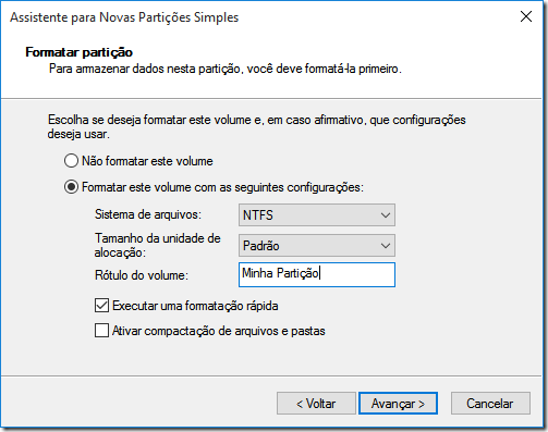 Defina as configurações de formatação da partição e clique em Avançar