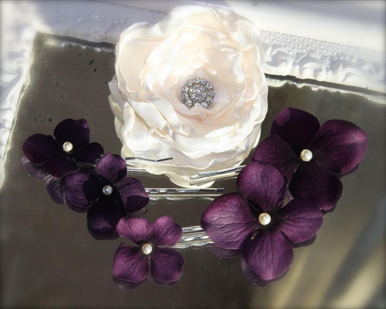 Wedding Hair Flower Set, Ivory Satin Rose, Eggplant Hydrangea Bridal