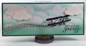 Linda Vich Creates: The Sky Really Is The Limit! A biplane soars across a cloud scudded, Pool Party sky, trailing Baker's Twine contrails in this long, narrow card.