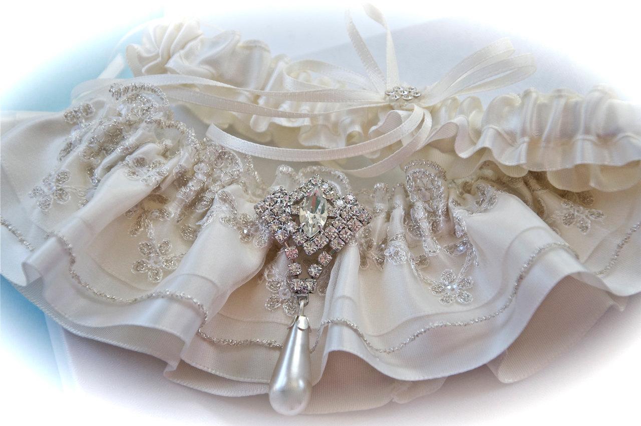Ivory Garter Set in Satin and Lace with Something Blue Embroidery and