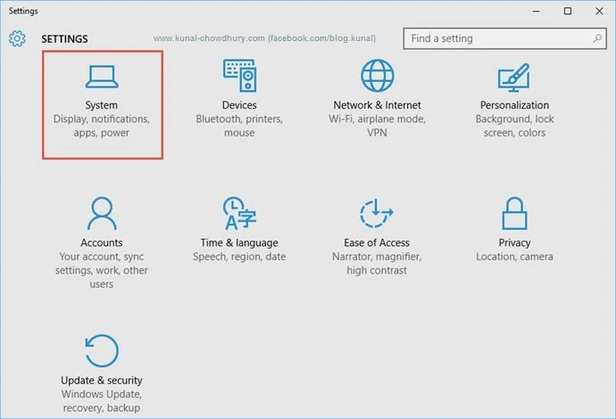 Windows 10 - Settings Page (www.kunal-chowdhury.com)