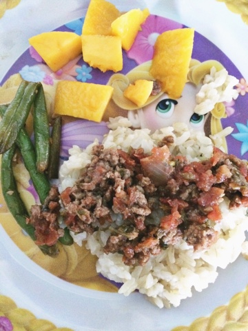 Salsa turkey with rice, green beans, and mango