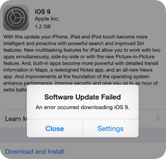 Päivitystiedoston haku epäonnistuu (Ohjelmistopäivitys epäonnistuu, virhe ladattaessa päivitystä iOS 9)