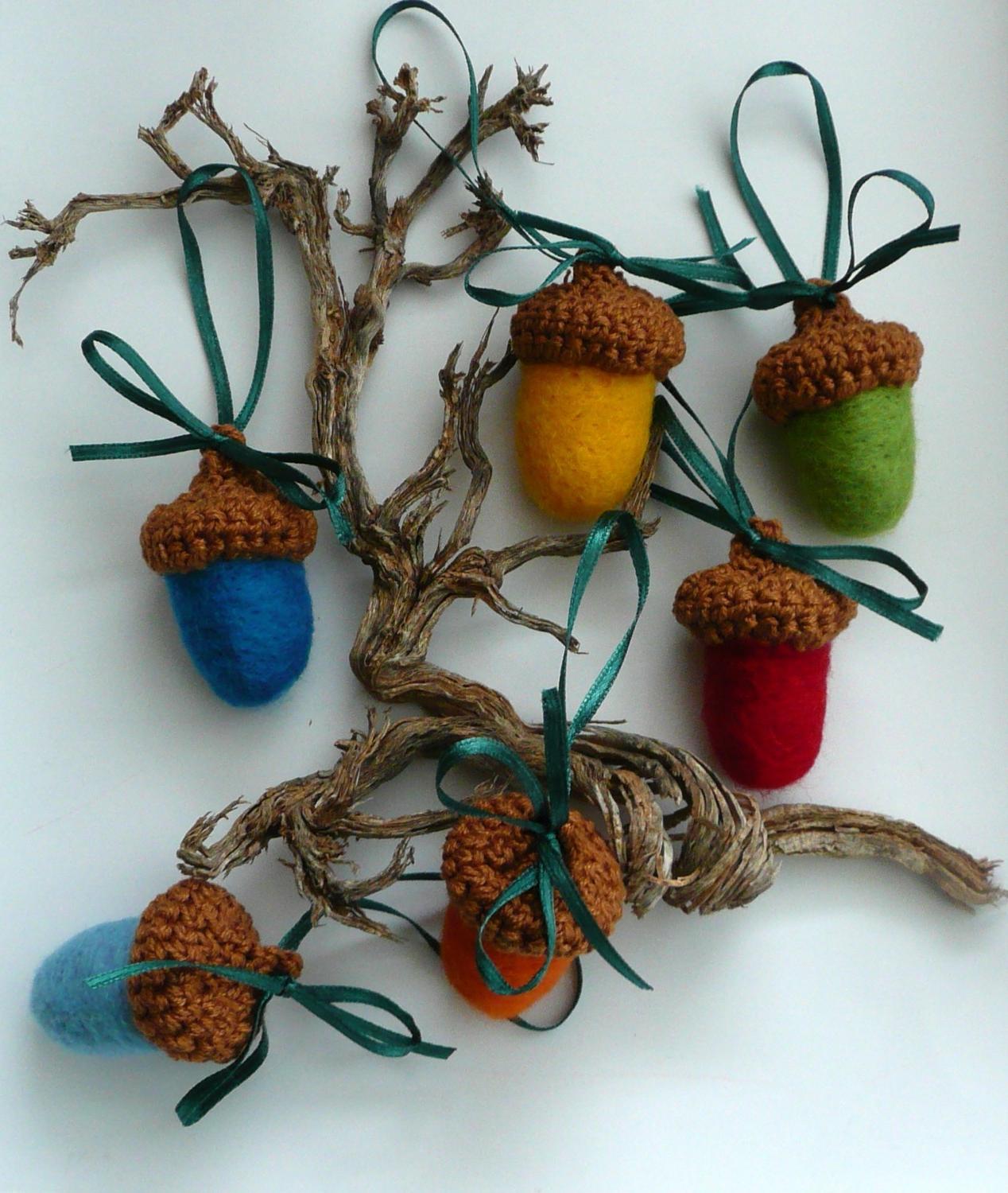 6 Big Rainbow wool Acorns - crocheted and felted - table place card favors