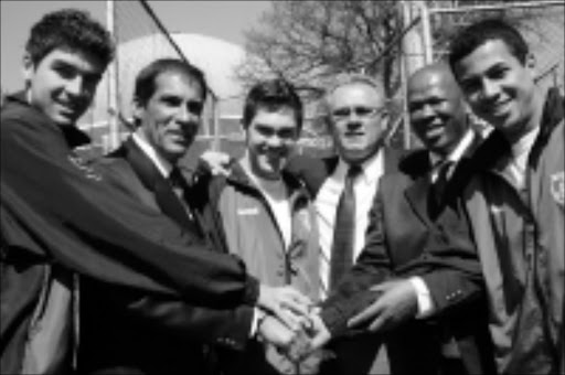 HOPEFUL: Bidvest Wits officials welcome thier new signings from Brazil yesterday. From left are Andrey Almeida, coach Roger da Sa, Fabrico Fernandes, CEO Stan Whiting , manager George Mogatsi and David de Olieveira. Pic. Mbuzeni Zulu. 14/08/2008. © Sowetan.