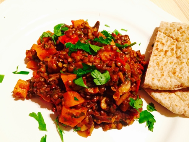 Low fat and low calorie mushroom, lentil and vegetable stew