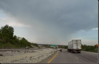 Interstate 49 approaching Harrisonville, MO (and rain showers)