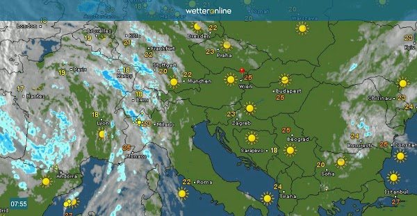 Das Satellitenbild zeigt bereits die Wetterverschlechterung über Frankreich und der Schweiz. Sonnig ist es noch von Österreich und Ostdeutschlands gen Osten. Extrem heiß wird es über dem Balkan und Ungarn. WetterApp_2015-08-14-08-01-34.jpg