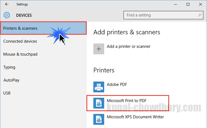 Verify whether Microsoft Print to PDF driver is already installed in Windows 10 (www.kunal-chowdhury.com)