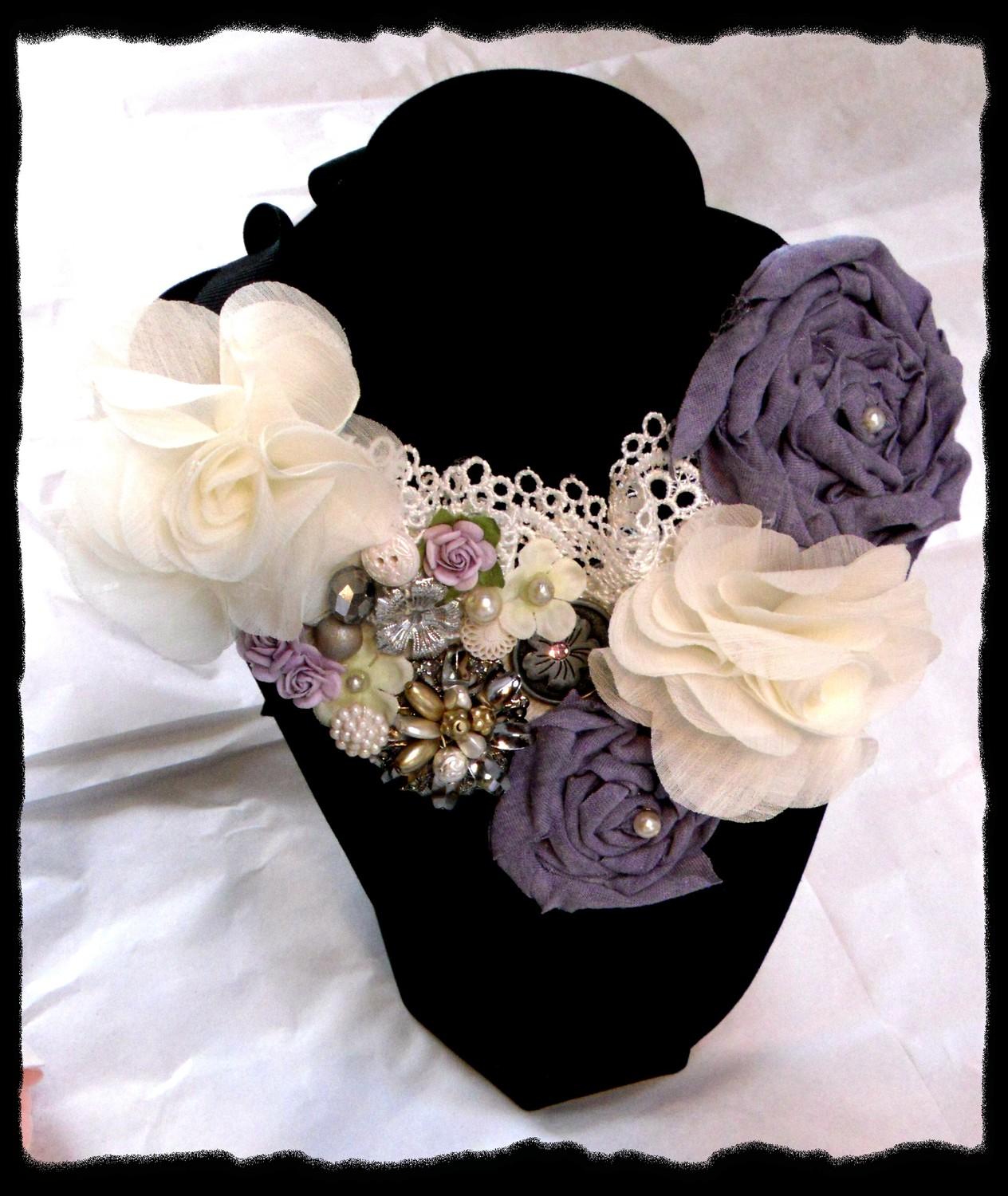 I Do Wedding Statement Bib Necklace Shabby chic english Cottage Purple Rose
