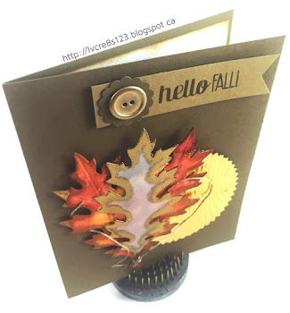 Linda Vich Creates: Vintage Leaves and Happy Scenes. A trio of colorful and embossed oak leaves lie on top of a woodgrain gold sunburst on this one layer card.