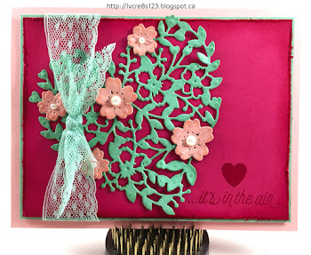 Linda Vich Creates: The Sky Really Is The Limit! Mint Macaron Bloomin' Heart die cut with Blushing Bride flowers dresses up a distressed Rose Red matte in this delightful Valentine card.
