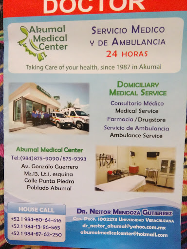 Akumal Medical Center, Av. Gonzalo Guerrero, Mza 13 01, Lt 01 entre Calle Punta Allen y Punta Piedra,, Cd. Akumal, Mpio Tulum, 77780 QROO, México, Hospital | QROO