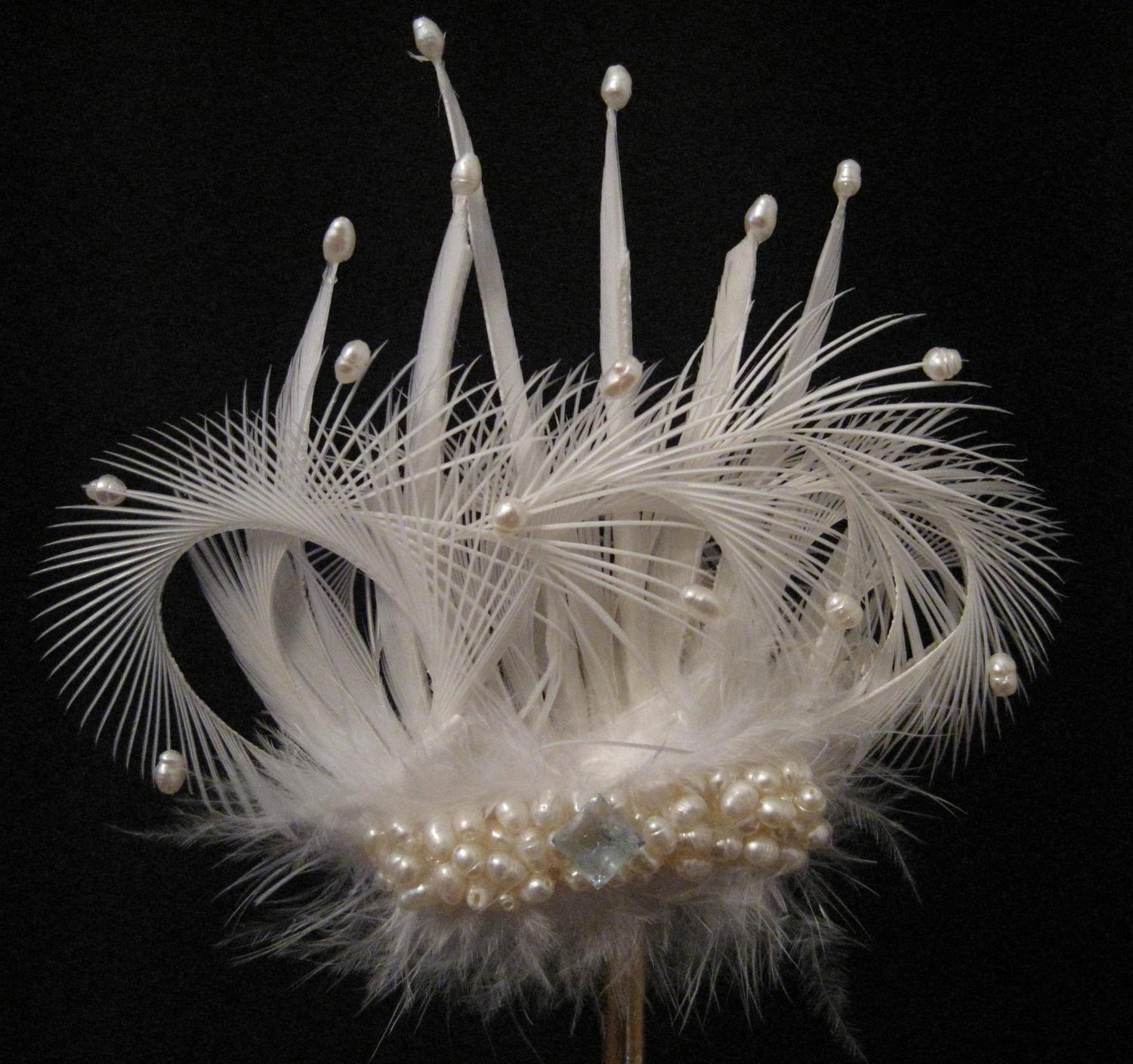 Bridal Feather Fascinator white headpiece with fresh water pearls and light