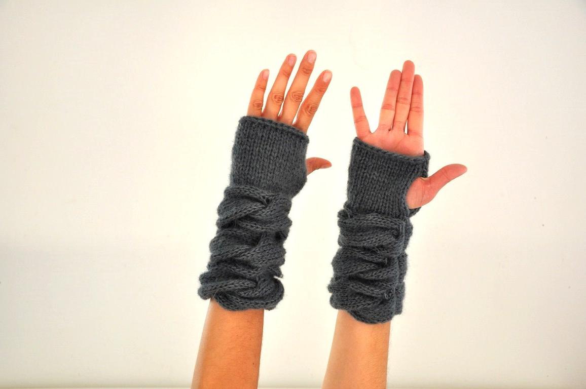 Fingerless Gloves Wrist Warmers Gray Grey Pink Blue Mohair Soft Warm Cozy