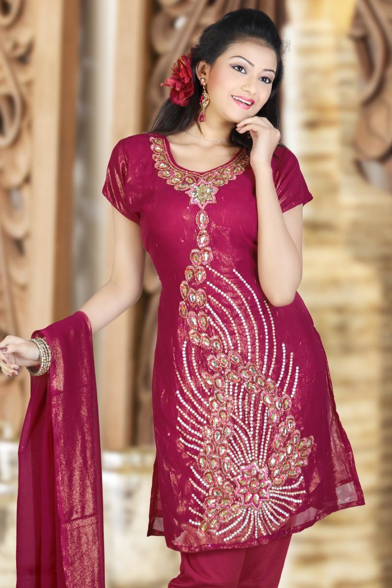 Deep Cerise Pink Embroidered Shimmer Georgette Churidar Kameez   48.00