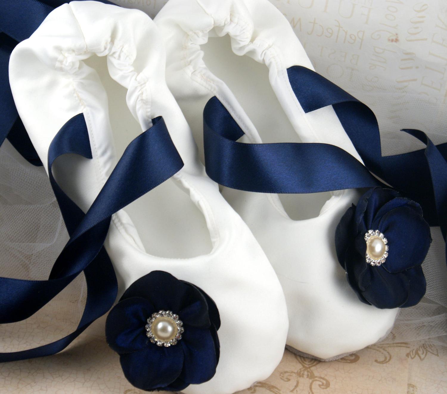 Bridal Flats - Bridal Ballerina Slippers in Ivory and Navy Blue Satin
