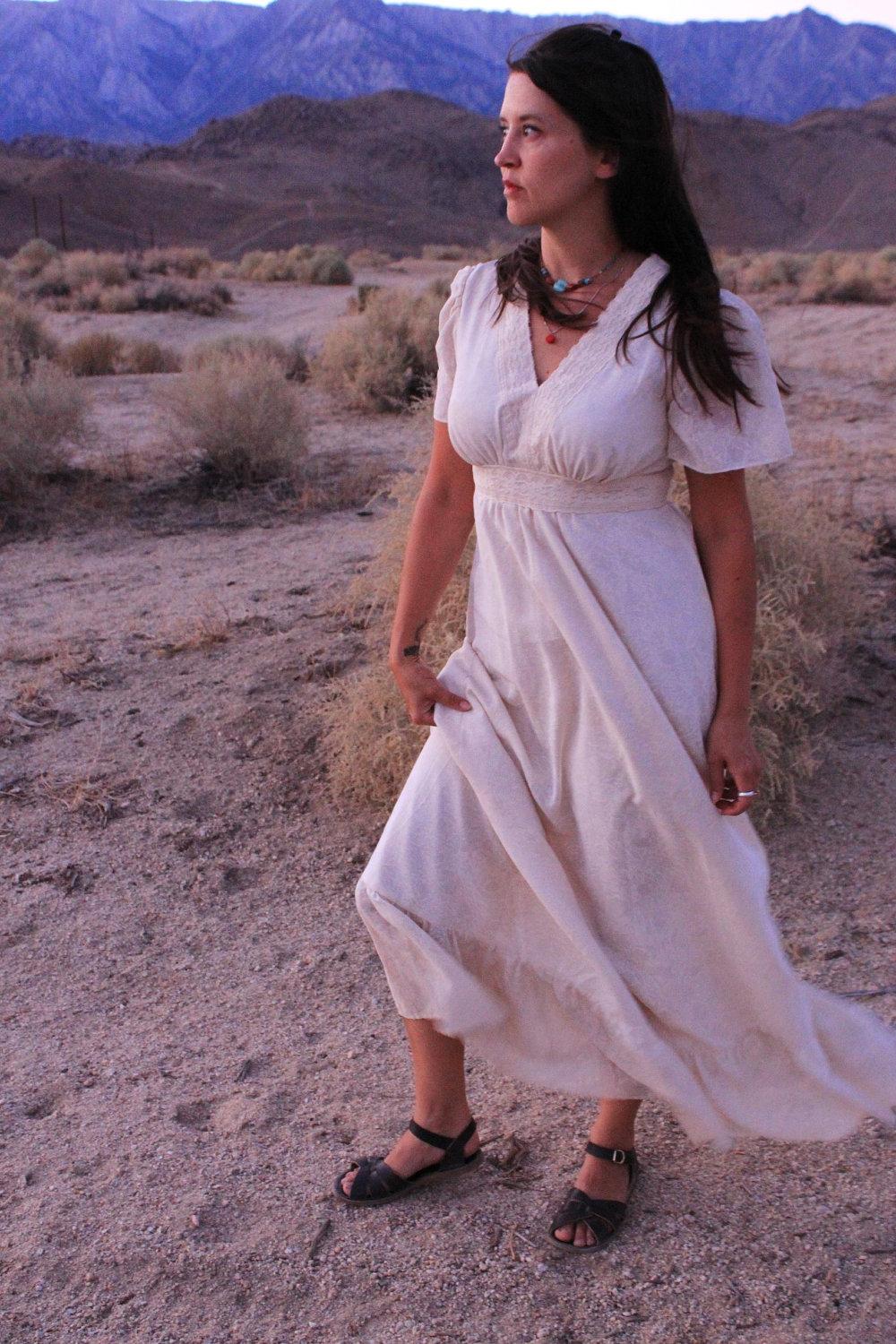 Desert Spirit Dream - Vintage Dress Empire Maxi Flutter Sleeve Antique Cream