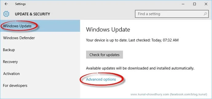 Windows Update Page in Windows 10 (www.kunal-chowdhury.com)