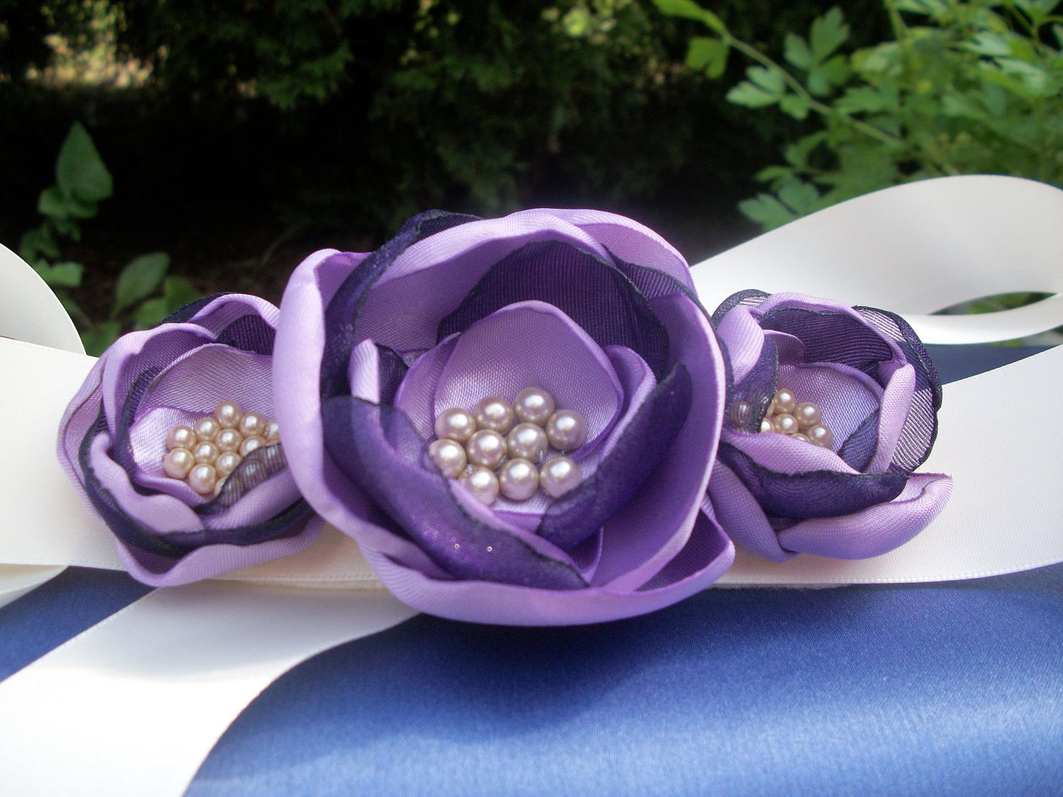 Sash, Wedding Lavender Eggplant Flower Sash for Brides Bridesmaids,and