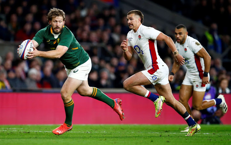 Frans Steyn of SA in action during the 2021 Castle Lager Outgoing Tour match against England at Twickenham Stadium in London on Saturday.