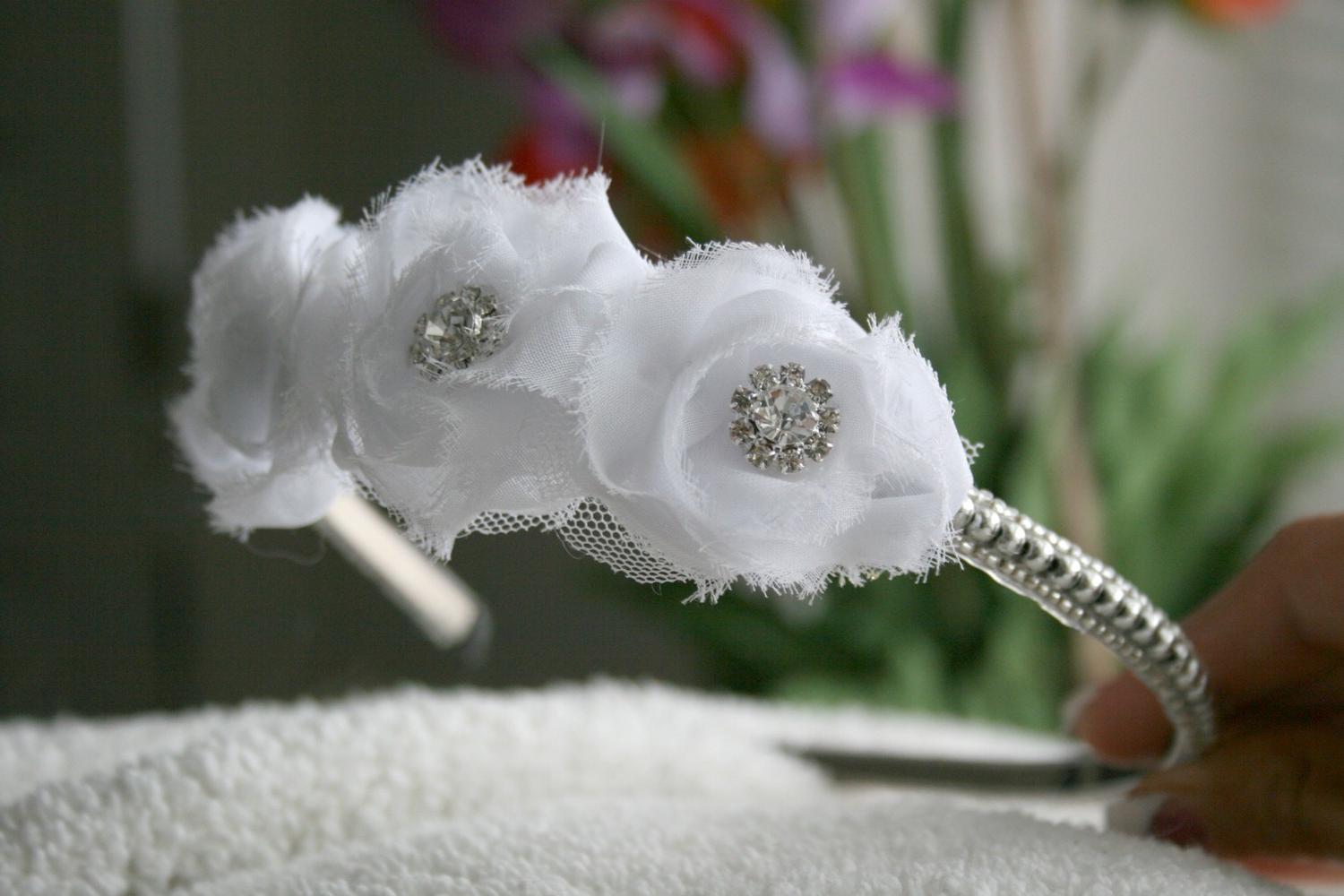 Chiffon Flowers Rhinestone Beaded Headband, Wedding Headpiece, Ribbon,