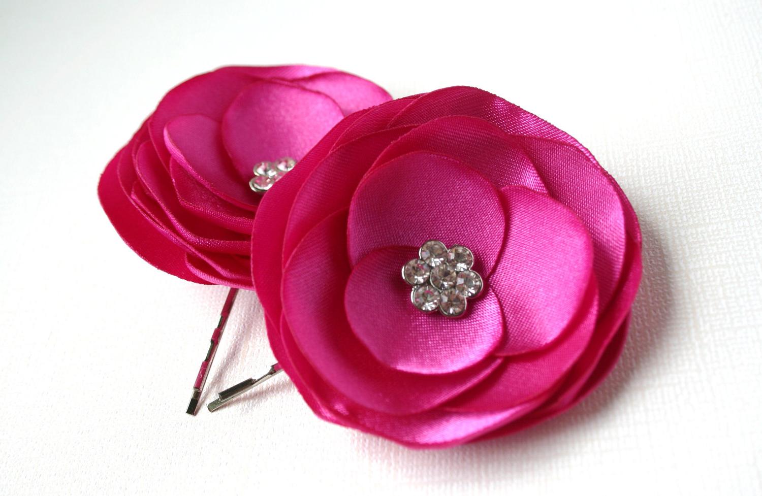 Pink Bridal Flower Clips - Hot