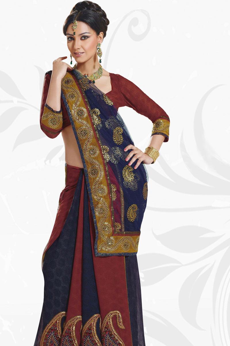Navy Blue and Deep Persian Red Wedding and Festival Embroidered Saree  