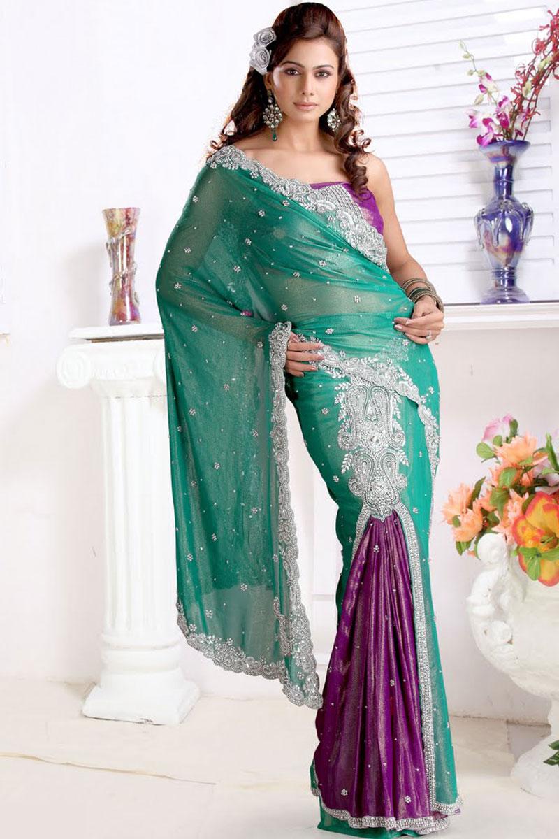 Persian Green and Purple Wedding and Festival Embroidered Saree   345.00