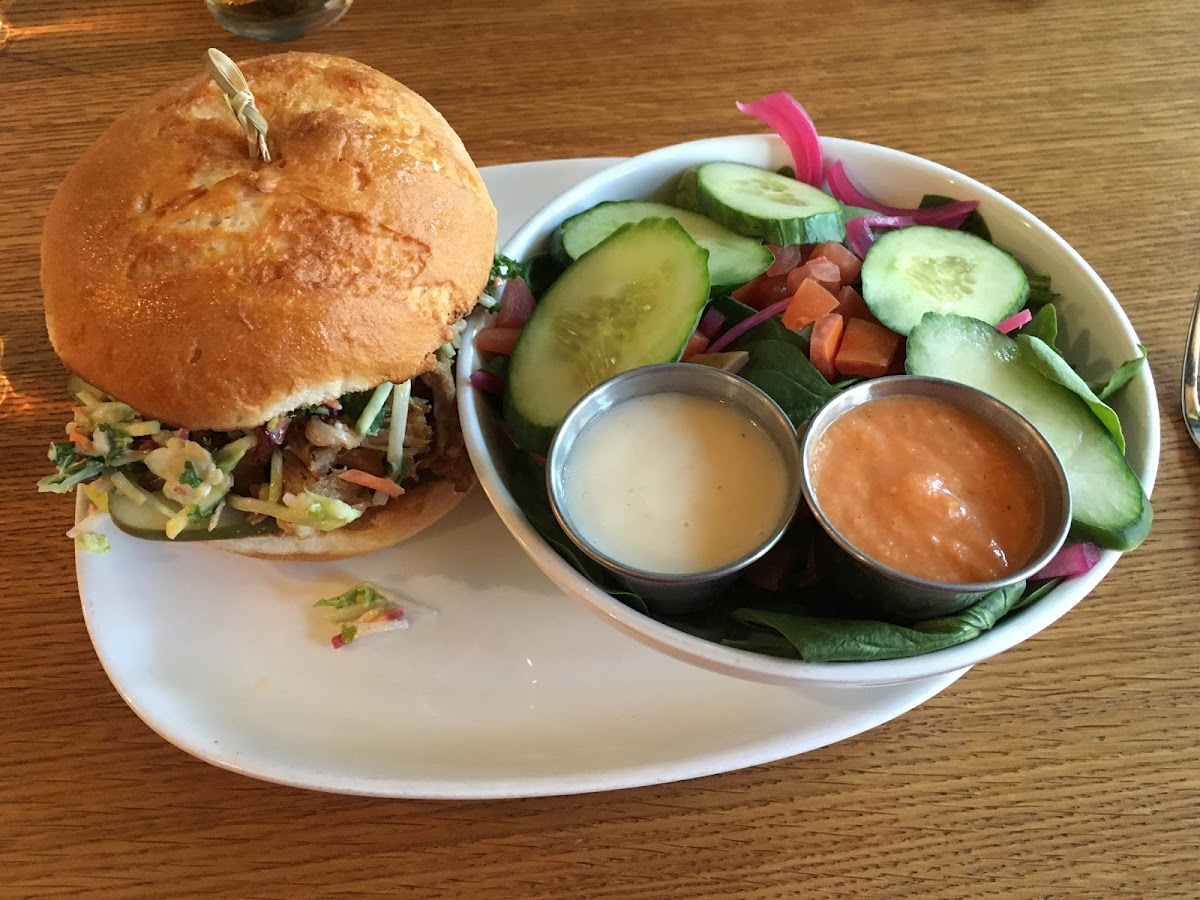 Pig in the orchard (pulled pork with slaw and pickles) on a GF bun! Delicious!