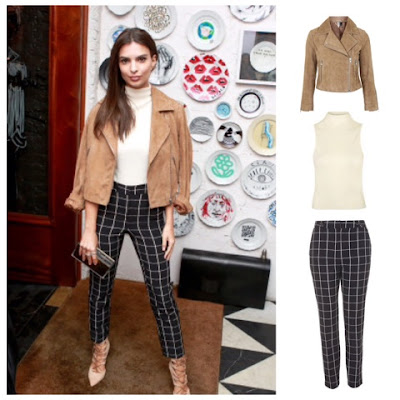 Emily Ratajkowskin in Topshop Suede Jacket Mock Top and  Check Pants at NYFW