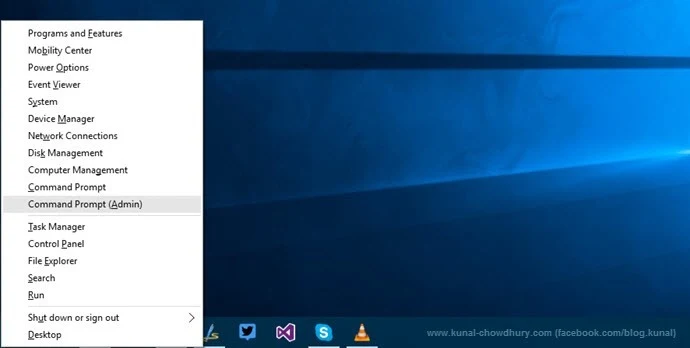 Open command prompt as administrator in Windows 10 (www.kunal-chowdhury.com)