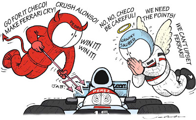 Серхио Перес на Sauber и ангелочки во время заключительных кругов Гран-при Малайзии 2012 - комикс Jim Bamber