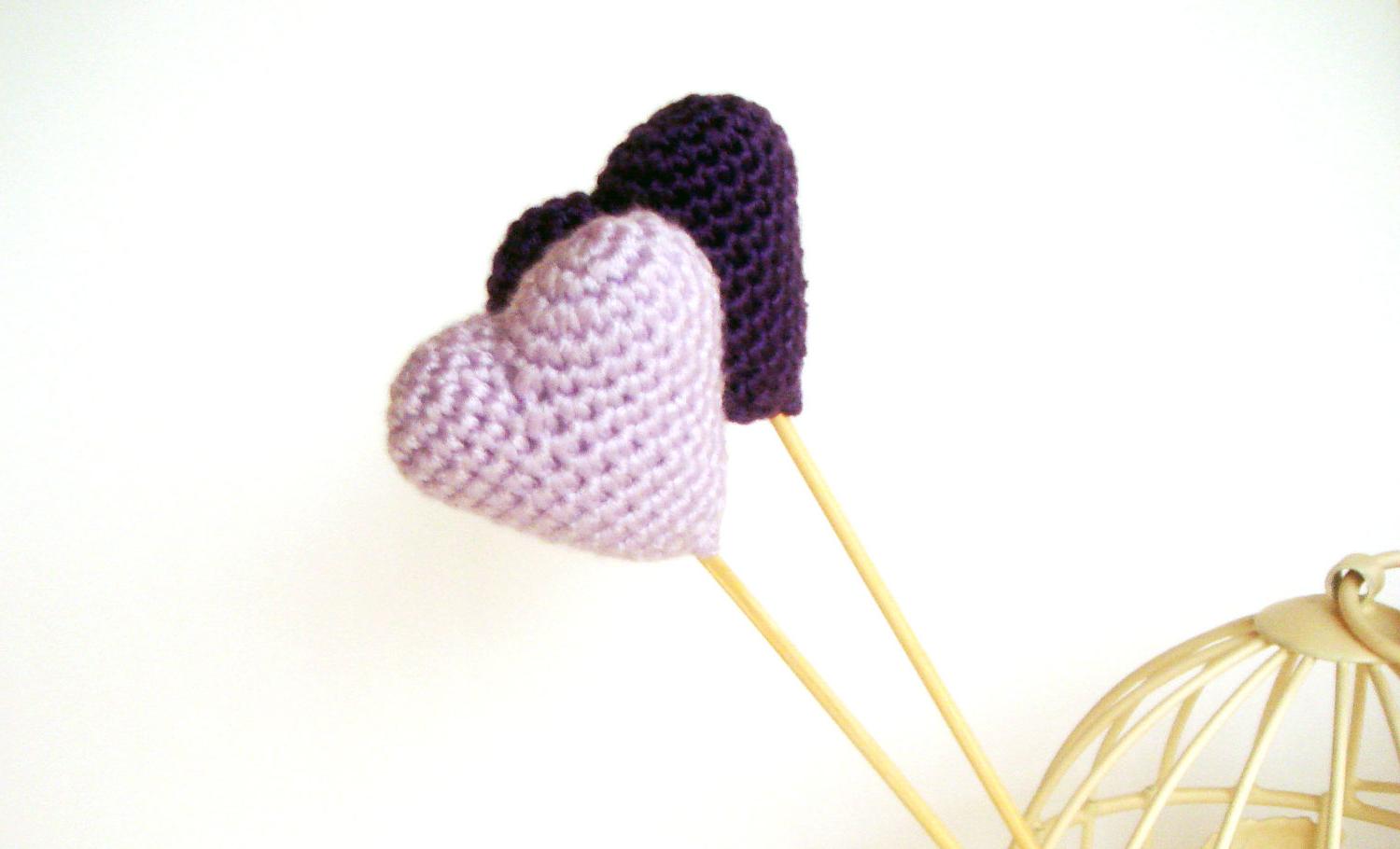 Crocheted hearts lavender and purple  set of 2  wedding favor or ornament
