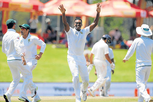 GOTCHA: South African bowler Lungi Ngidi, centre, celebrates yet another wicket during the second Test against India at SuperSport ground in Centurion yesterday. Ngidi finished with match figures of 7/90, including 6/ 39 in the second innings – his best ever haul in first-class cricket. South Africa clinched the three-Test series Picture: AFP