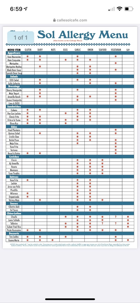 Calle Sol gluten-free menu