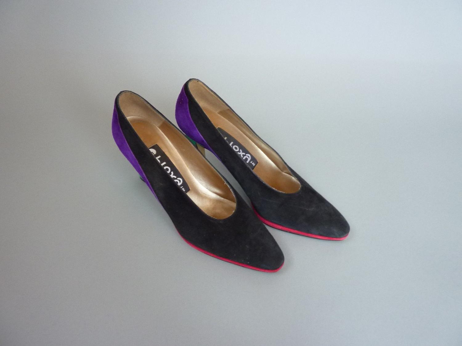 SALE 20  off   black heels 5.5 - suede purple green 80s shoes mardi gras