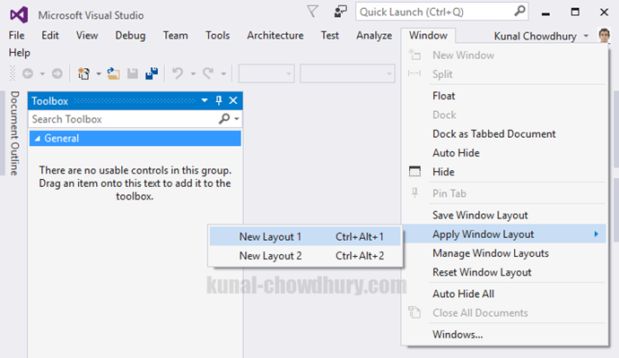 Visual Studio 2015 Tips & Tricks - How to apply a Visual Studio layout (www.kunal-chowdhury.com)