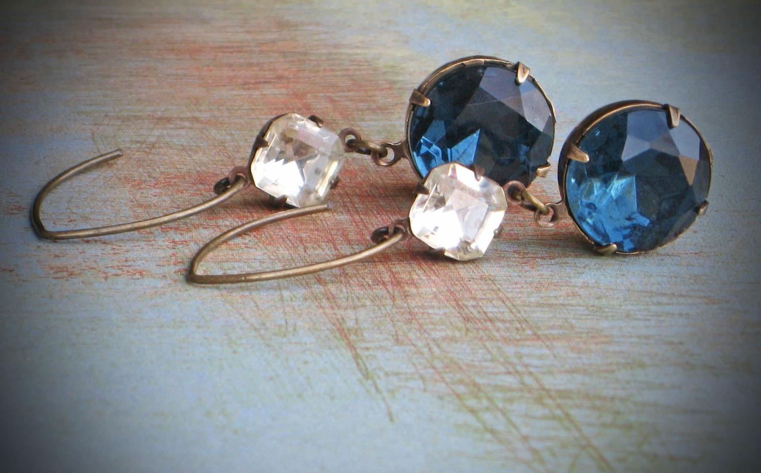 Vintage Rhinestone Earrings, Bride, Wedding, Antiqued Brass, Blue Bridal