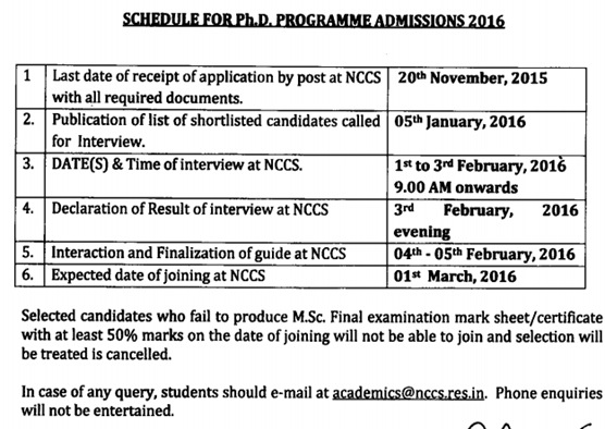 NCCS PhD Admissions 2016 March
