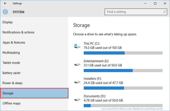 Windows 10 Storage Settings (www.kunal-chowdhury.com)