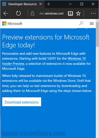 Windows 10 - Microsoft Edge - Extensions Preview Page (www.kunal-chowdhury.com)
