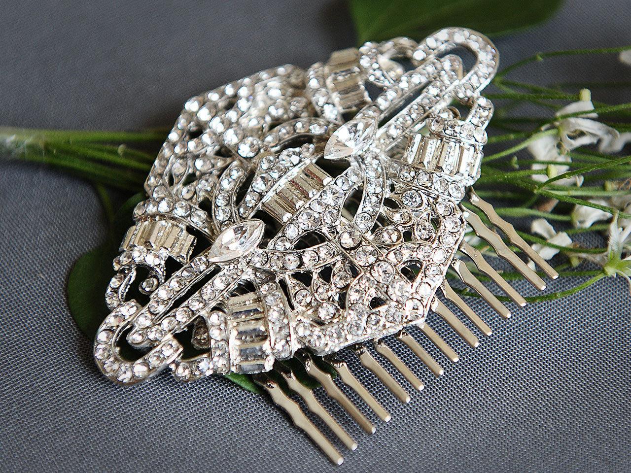 TYNE, Dramatic Vintage Style Art Deco SWAROVSKI Crystal Bridal Hair Comb,