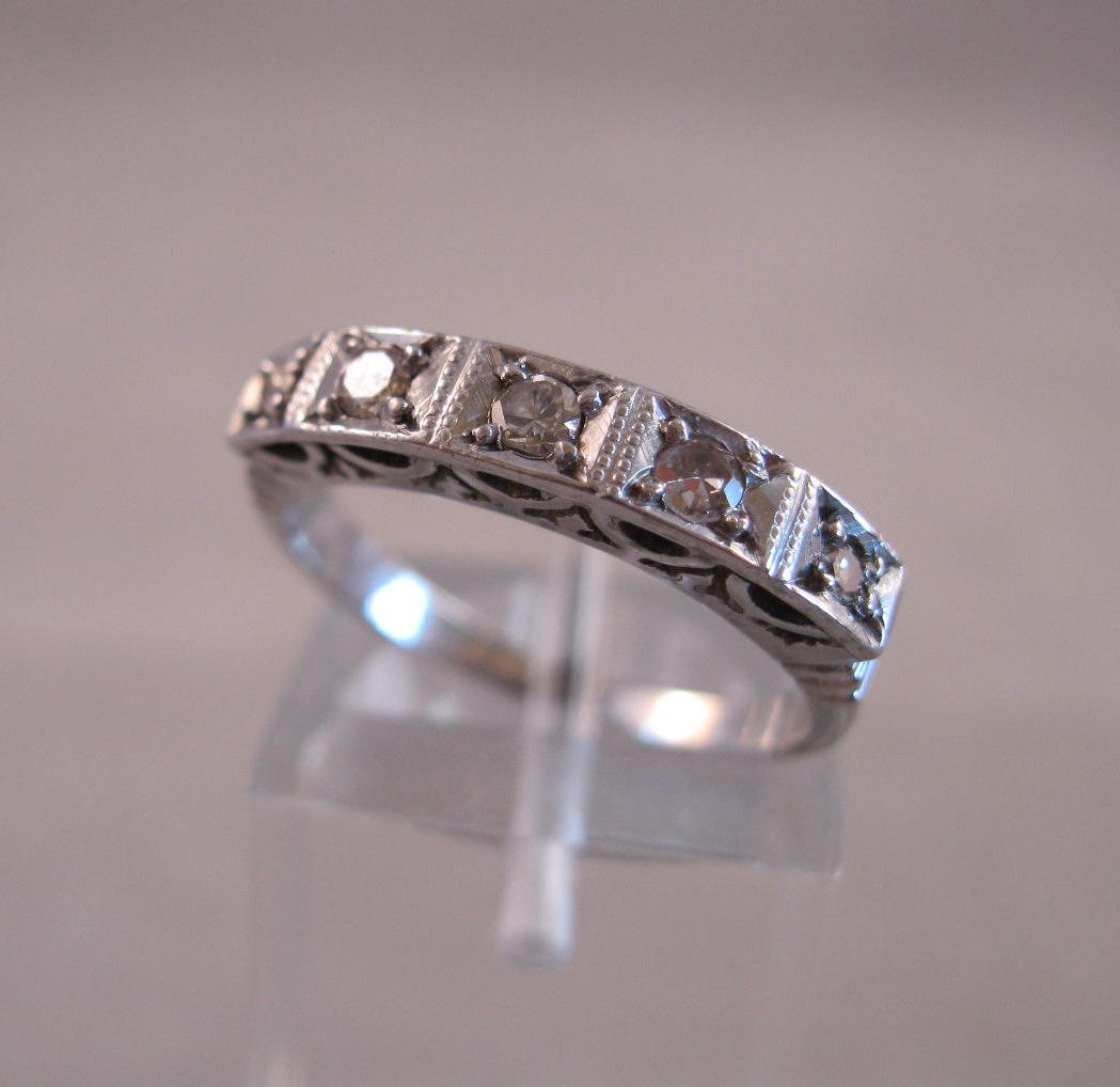 ART DECO 1930s 14K Wedding Band Diamond Ring White Gold Size 6