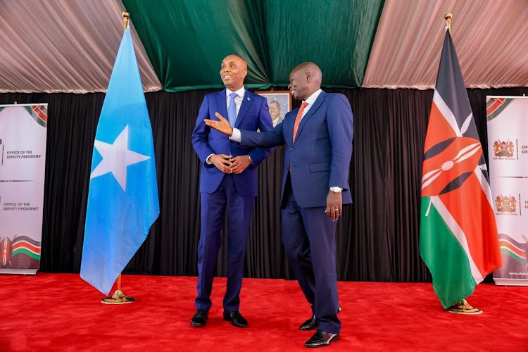Deputy President Rigathi Gachagua with Somalia Prime Minister Hamza Abdi Barre for bilateral talks at his Karen residence on May 7, 2024. The DP said Kenya continues to grow and deepen her relation with other state, as one of the strategies of creating a resilient economy.